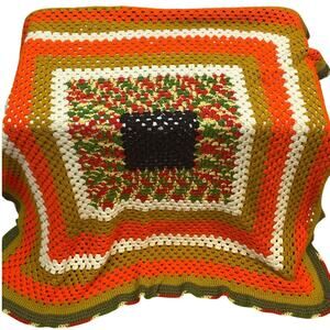 Handmade Vintage Crochet Granny Square Stripe Blanket Acrylic Yarn Afghan Throw
